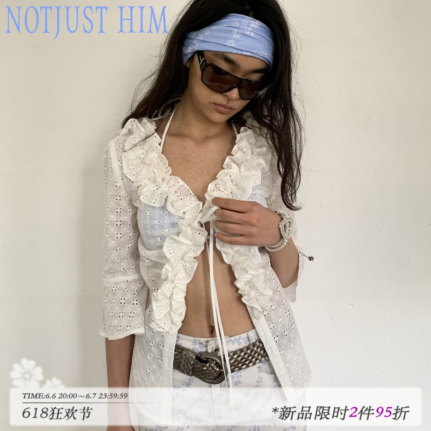 花筏NOTJUSTHIM《海滩假日》镂空刺绣提花全棉多层花边系带开衫