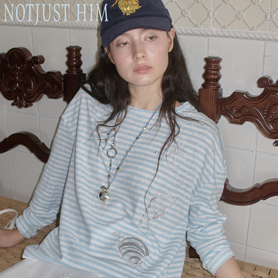 花筏NOTJUSTHIM《海洋绮贝》蓝条纹贝壳刺绣珍珠烫钻长袖