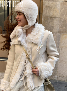 花筏NOTJUSTHIM《White lily》立体手工花朵麂皮拼接毛毛领外套