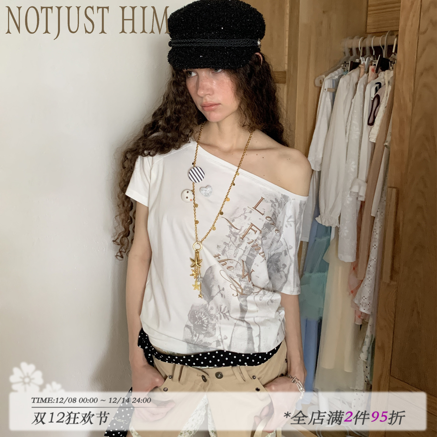 花筏NOTJUSTHIM《Love of Angel》斜肩蕾丝印花两穿T恤 赠胸针