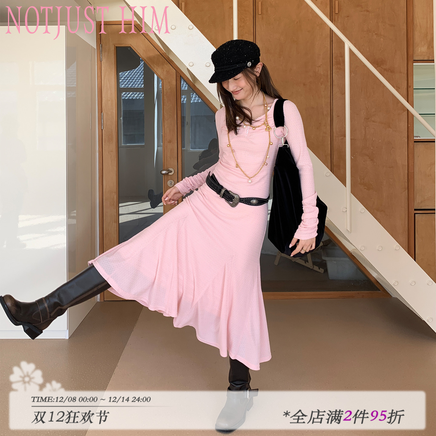 花筏NOTJUSTHIM《香槟玫瑰》肌理感针织简约气质骑士连衣裙