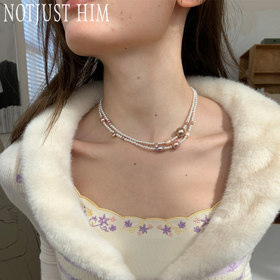 花筏NOTJUSTHIM《米兰玫瑰》香槟粉色巴洛克天然珍珠双层项链