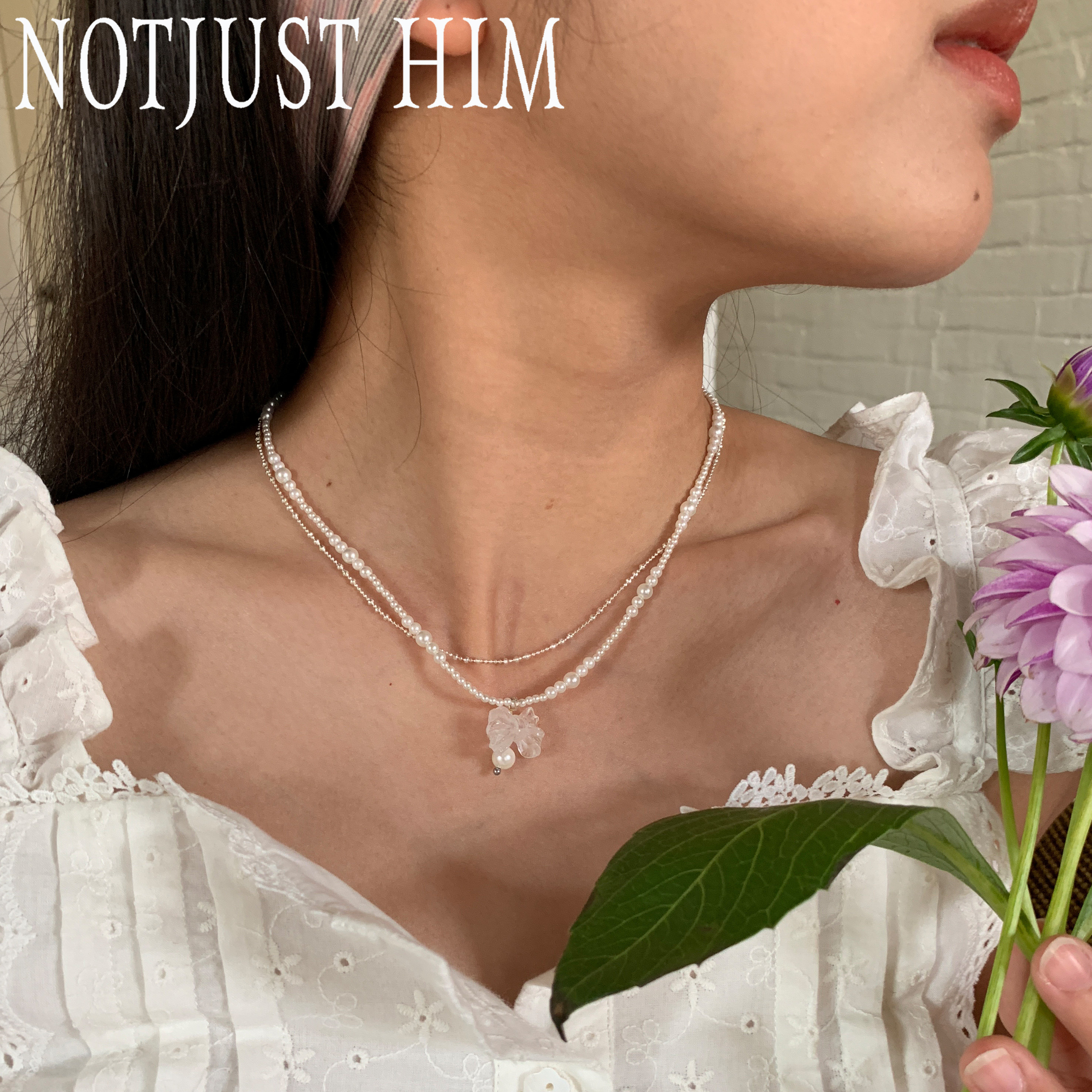 花筏NOTJUSTHIM《水晶糖》S925纯银项链白水晶蝴蝶结挂坠叠戴细链