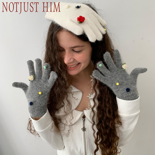 兔毛混纺花朵装 greenhouse 饰触屏手套 Winter 花筏NOTJUSTHIM