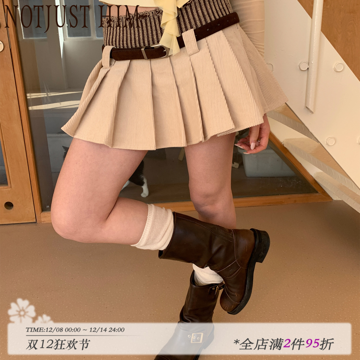 花筏NOTJUSTHIM罗纹拼接腰头米色灯芯绒百褶短裙附赠腰带