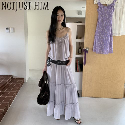 花筏NOTJUSTHIM 雾感紫灰调吊带长裙套装