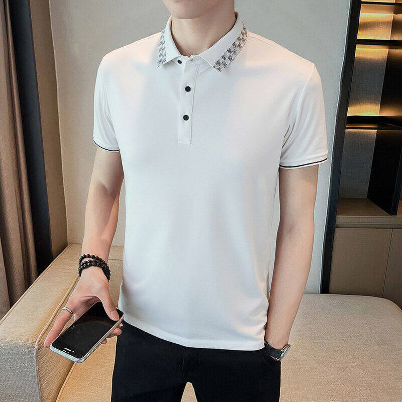 冰丝男士短袖polo衫夏季薄款中年男式半袖修身翻领纯色打底T恤潮