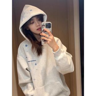 纯棉重磅百搭刺绣雪花连帽卫衣潮流慵懒文艺日系时尚原宿简约上衣