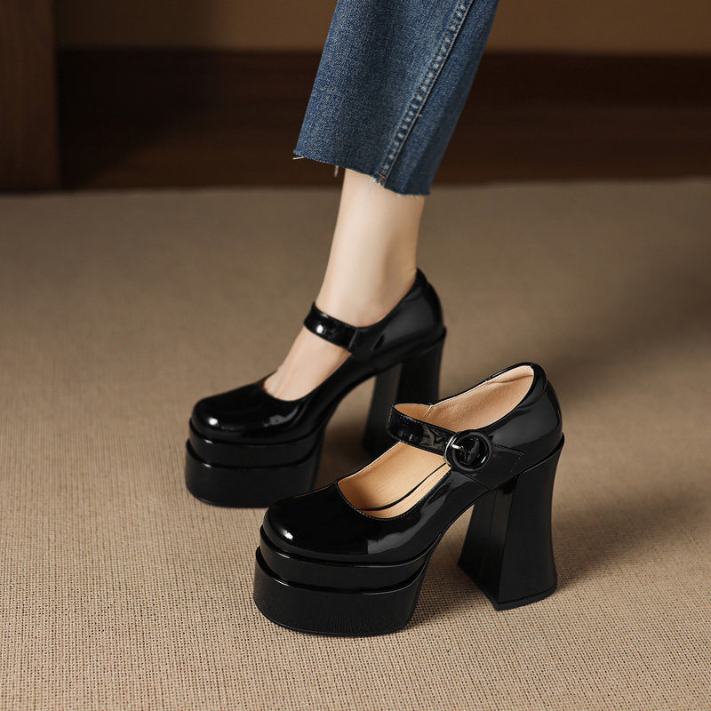 12cm真皮单鞋女超高跟粗跟玛丽珍鞋一字扣厚底防水台方头牛皮女鞋