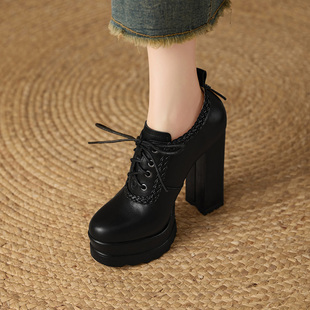 12.5cm头层牛皮超高跟鞋模特走秀鞋气质厚底粗跟百搭时装深口单鞋