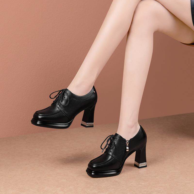 头层牛皮高跟鞋8CM粗跟系带深口单鞋百搭黑色防水台女鞋真皮皮鞋