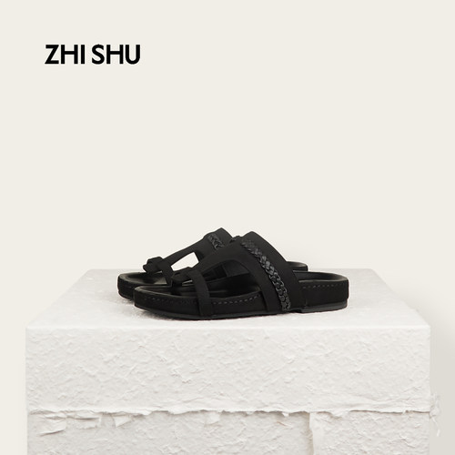 直述ZHISHU 26新品 春夏勃肯拖鞋编织带麂皮真皮厚底
