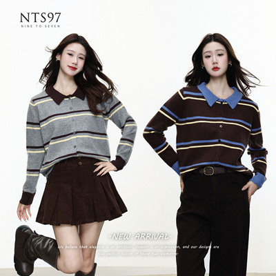 NTS97复古条纹翻领针织开衫女