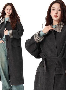 NTS97 2024冬长款韩系羽绒大衣拼接领口a字版型外套