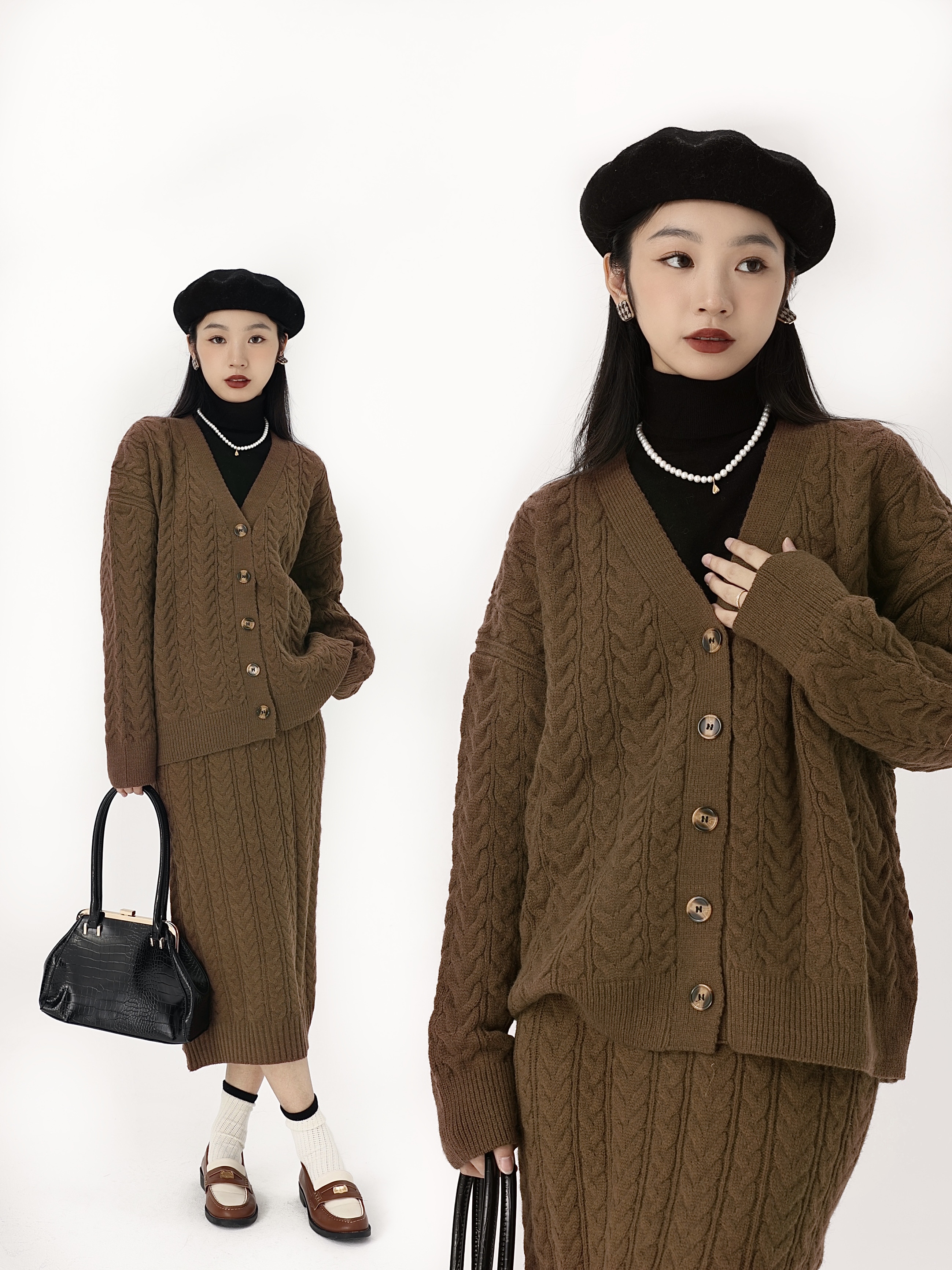 NTS97 2023年冬季新款复古V领慵懒风麻花针织毛衣+高腰半身裙套装