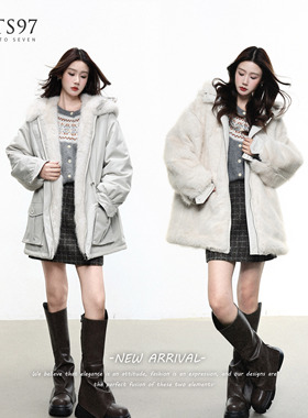 NTS97 双面高级感环保皮草连帽中长款通勤派克服外套