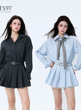NTS97 秋冬新款韩系格子收腰衬衫翻领连衣裙短裙