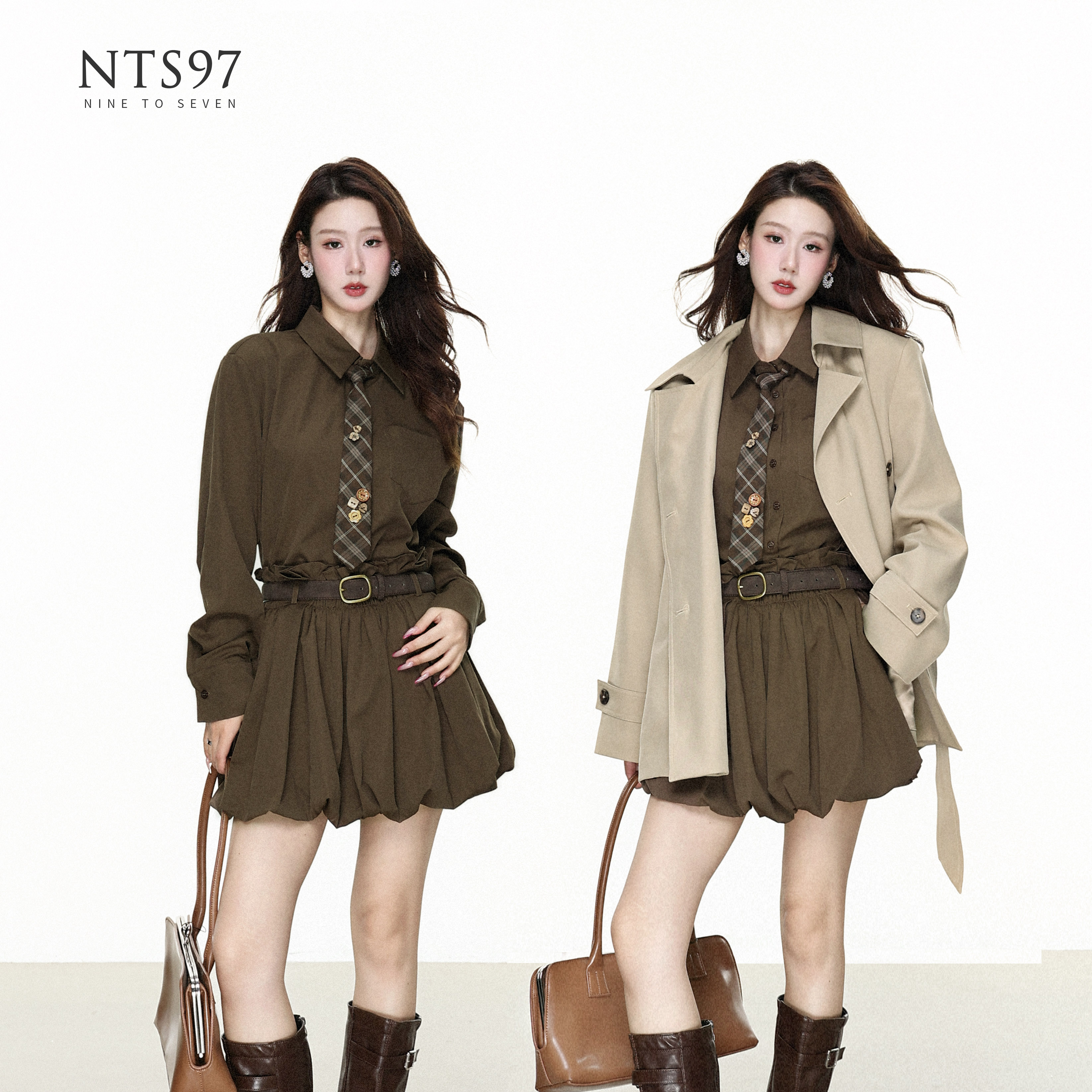 NTS97美拉德衬衫收腰花苞连衣裙