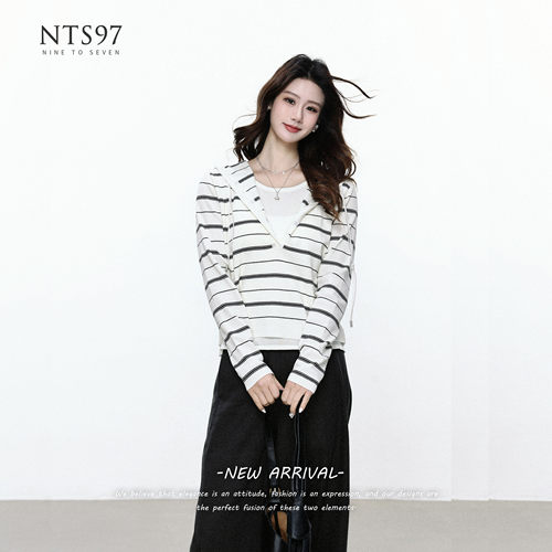 NTS97条纹假两件V领针织衫女