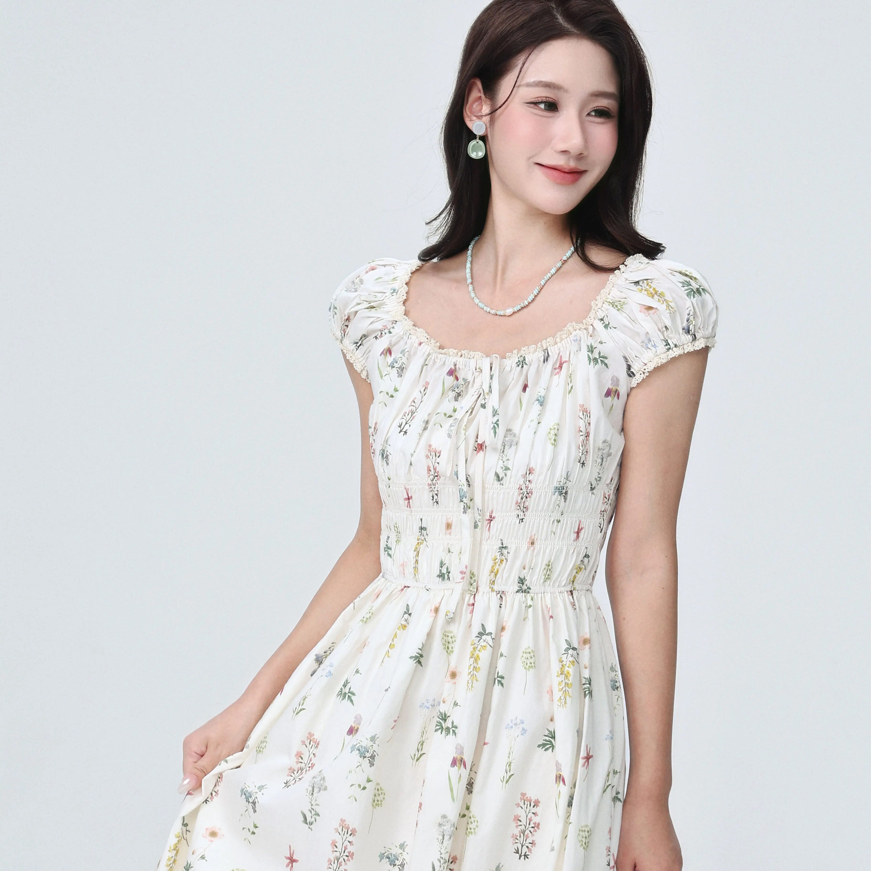 小清新森系碎花收腰弹力连衣裙