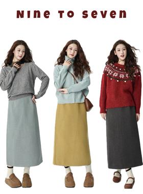 NTS97 2024冬冬日多色呢料松紧直筒复古半身保暖长裙
