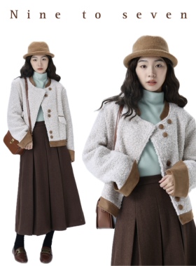 NTS97 2023年冬季新款重工麂皮绒拼接挽袖混色羊羔毛皮毛一体外套