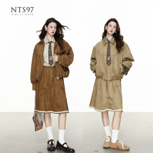 NTS97miu系少女廓形麂皮绒外套高腰纽扣五分半身裙