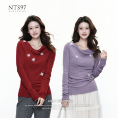 NTS97 蝴蝶装饰褶皱收腰针织衫女长袖套头毛衣上衣