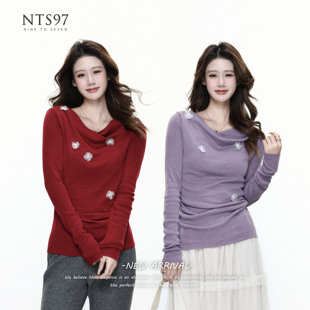 女长袖 饰褶皱收腰针织衫 套头毛衣上衣 蝴蝶装 NTS97
