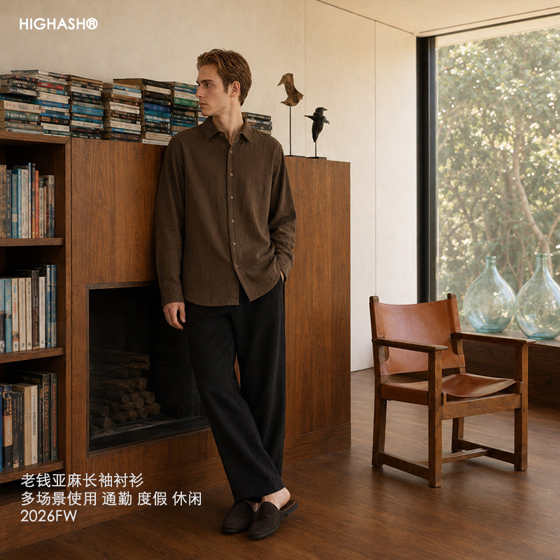 极简老钱风男亚麻宽松长袖衬衫