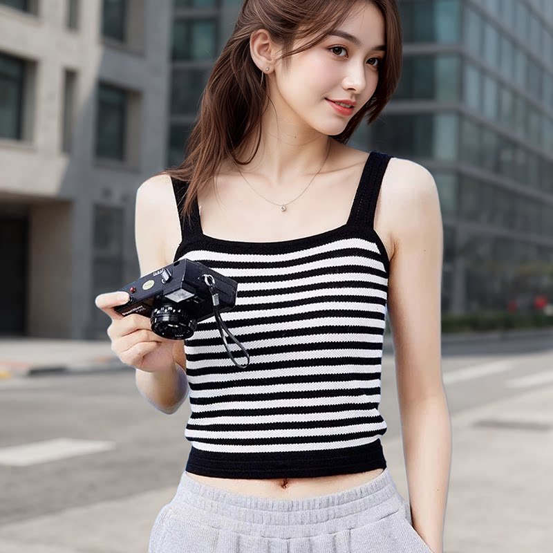 针织吊带背心女夏季新款黑白条纹