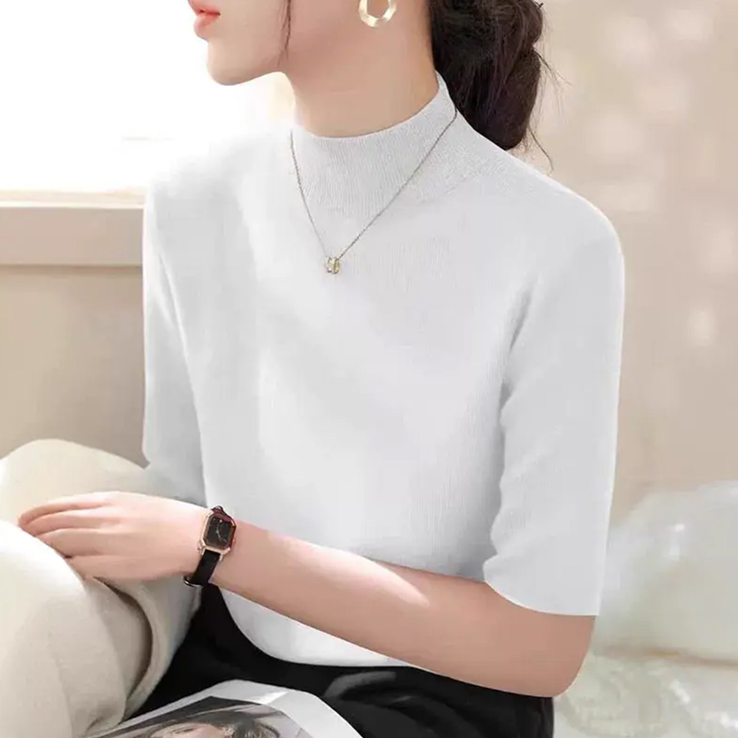 胖mm大码半高领五分袖针织打底衫毛衣女短袖内搭外穿上衣春秋冬季