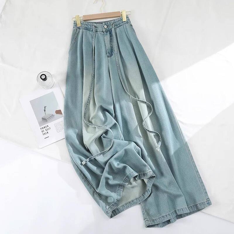 美式新款水洗浅色阔腿牛仔裤裙女春夏新款慵懒休闲高腰宽松直筒裤