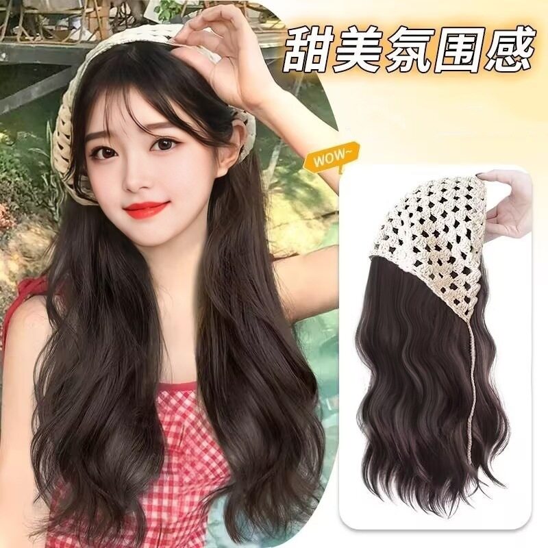针织头巾一体大波浪接发片假发