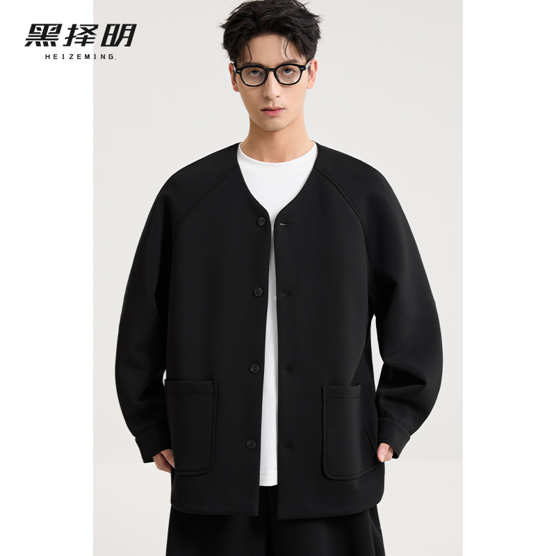 黑择明男士空气棉夹克2025秋季新款宽松休闲百搭高级感无领外套