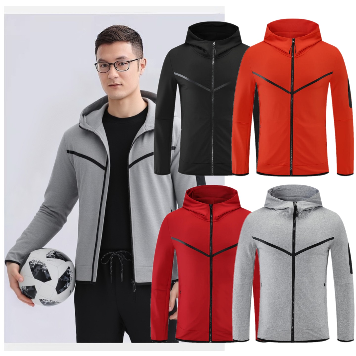 秋冬款跑步足球宽松拉链连帽卫衣外套篮球户外训练服女运动套装男