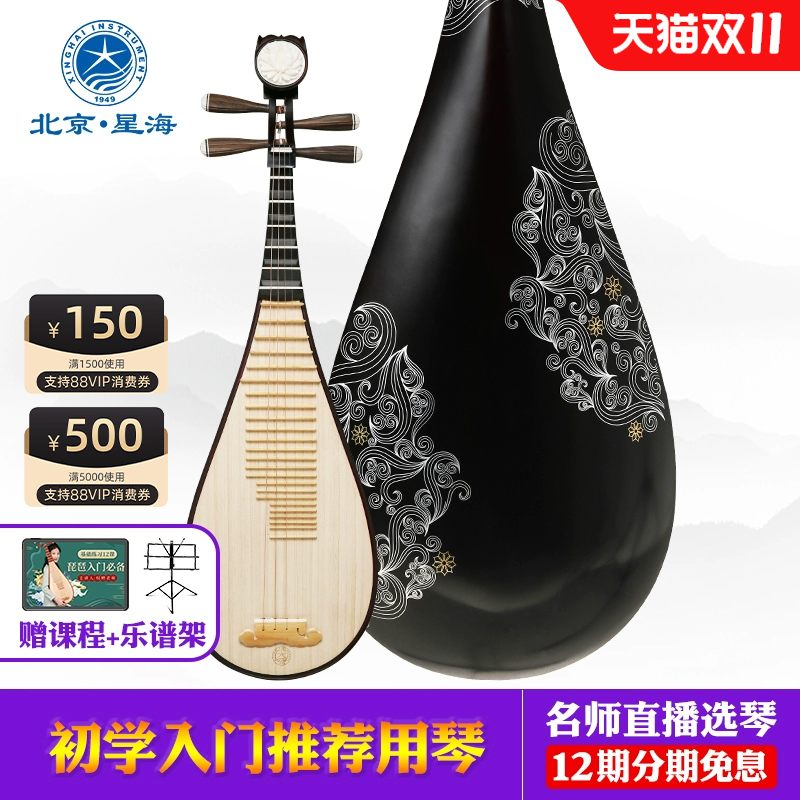 星海 琵琶乐器初学者非洲紫檀木材质花开富贵头饰金灿祥云图案