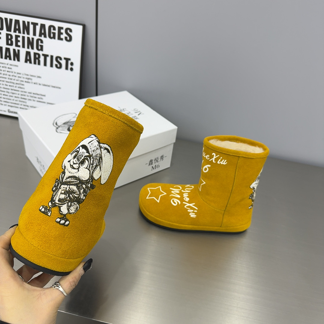 真皮涂鸦雪地靴女鞋2025新款磨砂皮大头短靴厚底保暖棉鞋