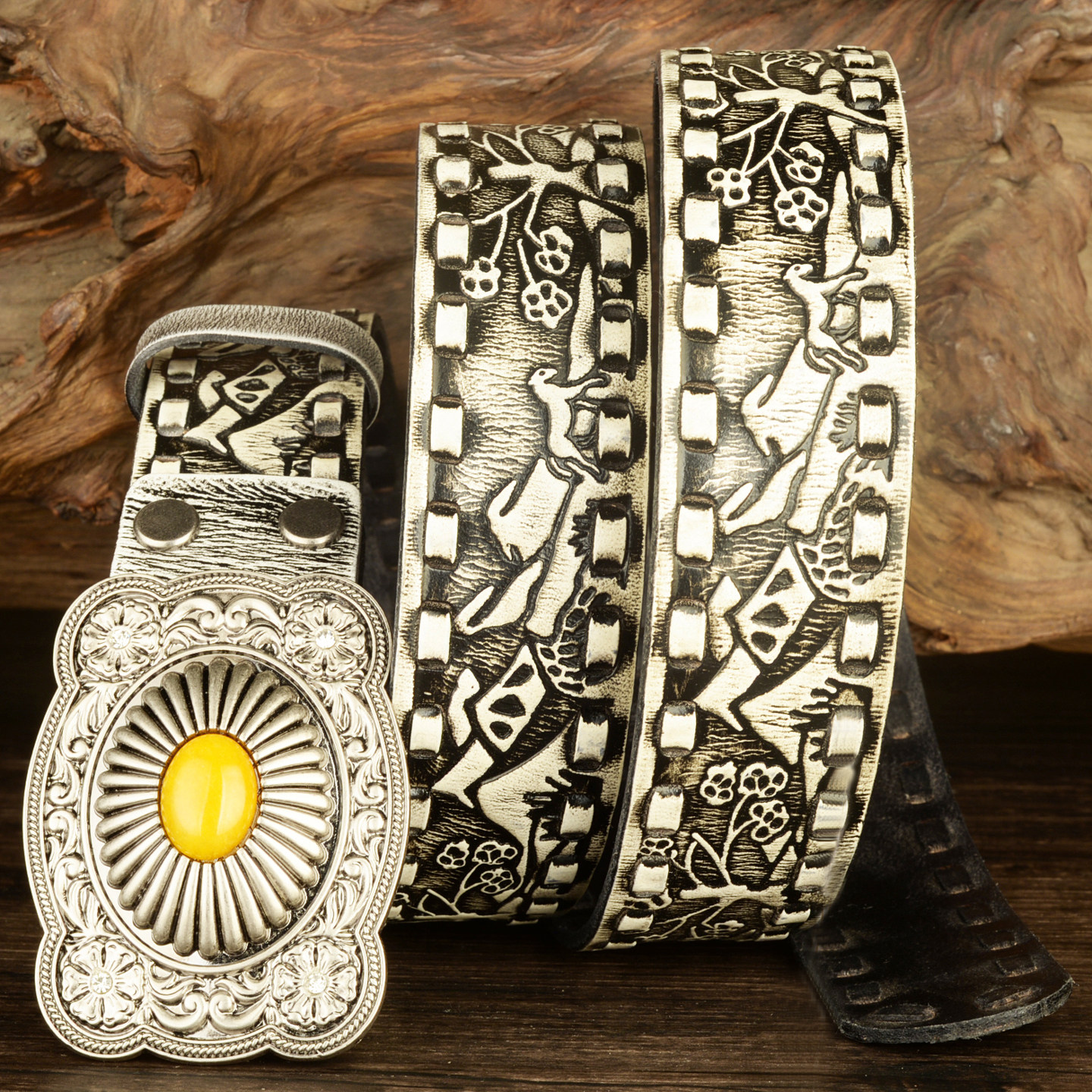 头层牛皮压花皮带镶嵌石头板扣裤带真皮板扣复古平滑扣青年腰带