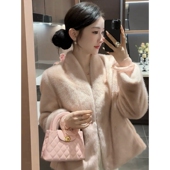 网红爆款 2025秋冬粉色十字貂环保皮草毛毛外套v领温柔风气质百搭