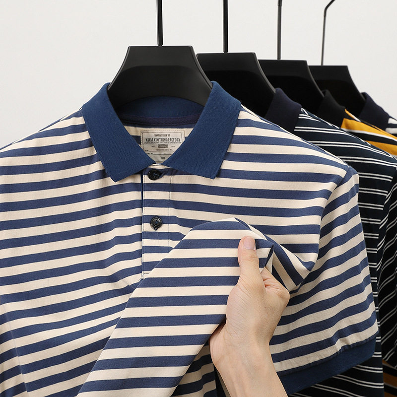 AK夏季POLO衫男翻领t恤230G重磅条纹复古海魂衫纯棉条纹短袖上衣