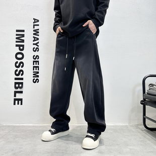 痞帅潮流长裤 2025秋冬加绒加厚阔腿裤 男黑色弯刀裤 宽松休闲裤 男款