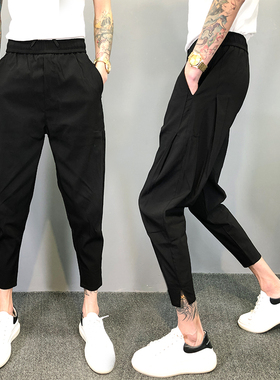 简约休闲裤男宽松哈伦裤春夏小脚裤松紧腰开叉裤韩版潮流九分裤