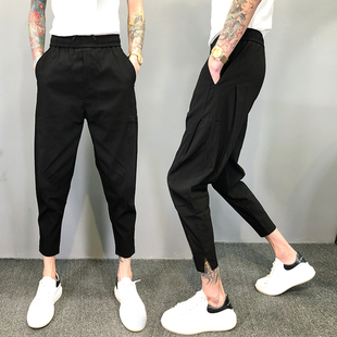 男宽松哈伦裤 潮流九分裤 春夏小脚裤 韩版 松紧腰开叉裤 简约休闲裤
