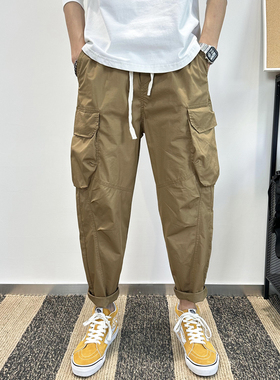 工装裤子男款夏季薄款束脚裤大口袋宽松哈伦裤松紧腰九分小脚裤潮