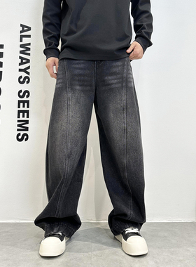 2025秋冬新款加绒加厚弯刀裤美式宽松直筒牛仔裤男痞帅潮流阔腿裤