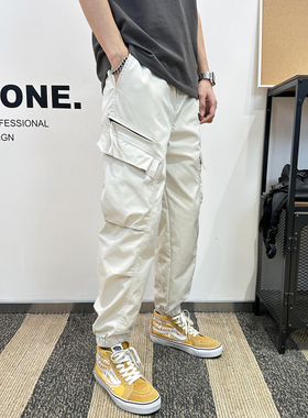 米白色工装裤男款2025春夏新款宽松哈伦裤高段位运动九分束脚裤潮