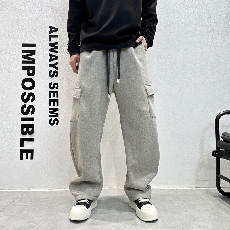 2025秋冬新款加绒加厚工装风宽松直筒休闲裤男灰色多口袋长裤潮流,男装,休闲裤,淘宝优惠券,粉丝福利购,淘宝优惠卷
