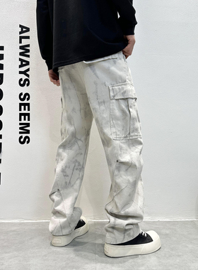 2025秋冬新款美式工装扎染休闲裤男宽松直筒阔腿裤高街风潮牌长裤