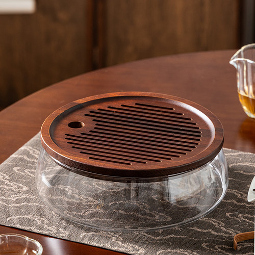 便捷中式小型茶盘储水家用木托盘茶台圆形沥蓄水玻璃茶海干泡台具